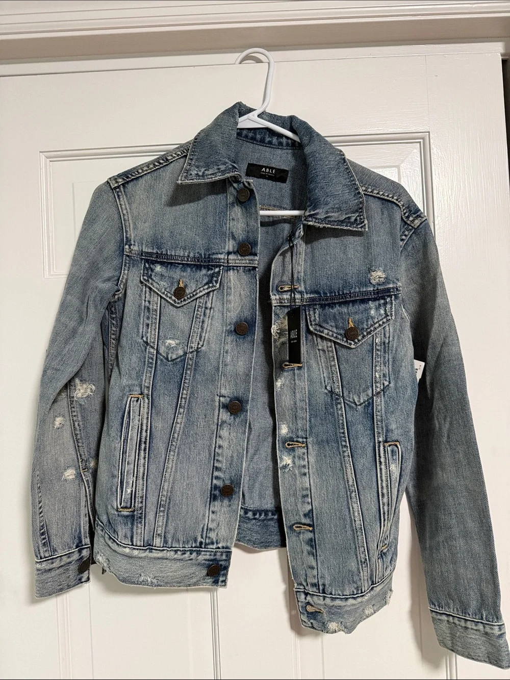 NWT Able Light Blue Distressed Denim Jean Jacket